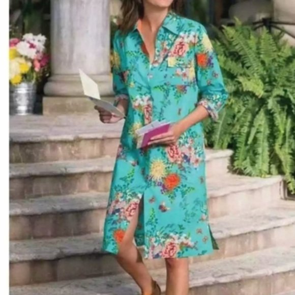 Soft Surroundings Floral Butterfly Shirt Dress Get Ready for Spring MEDIUM - Picture 1 of 9